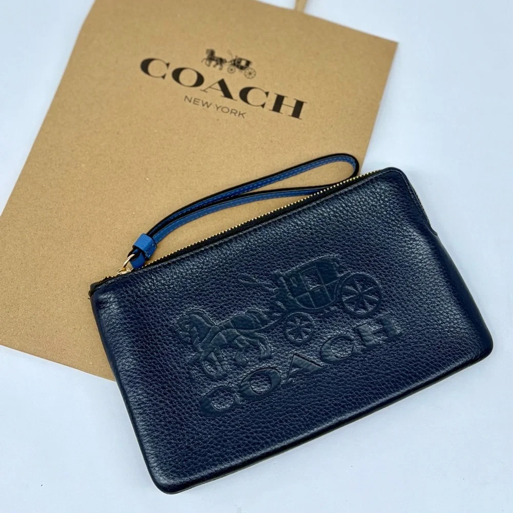 Coach Large Corner Zip Wristlet Wallet With Horse And Carriage Navy